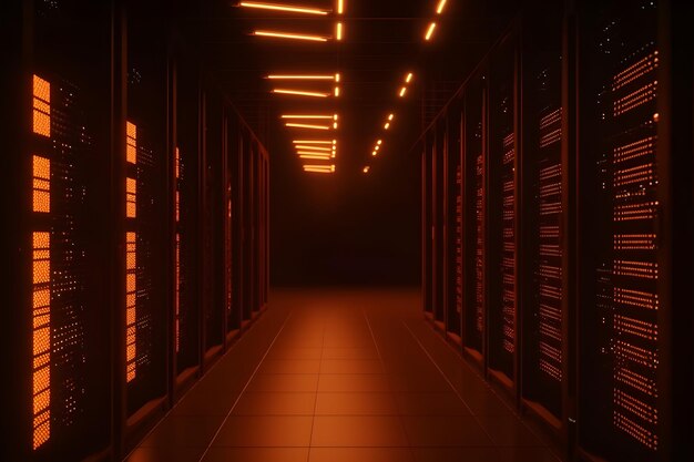 Shot of Data Center With Multiple Rows of Fully Operational Server Racks Modern Telecommunications Neural network AI generated