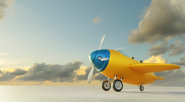 side angle view of retro cute yellow and blue two seat airplane park at the airport runway. evening scene .3d rendering .
