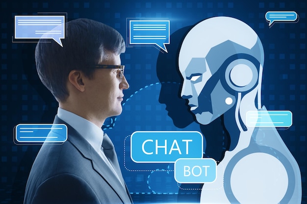 Side portrait of thoughtful businessman with creative glowing robot and chat ai hologram on blue pixels background Machine learning artificial intelligence and innovation concept