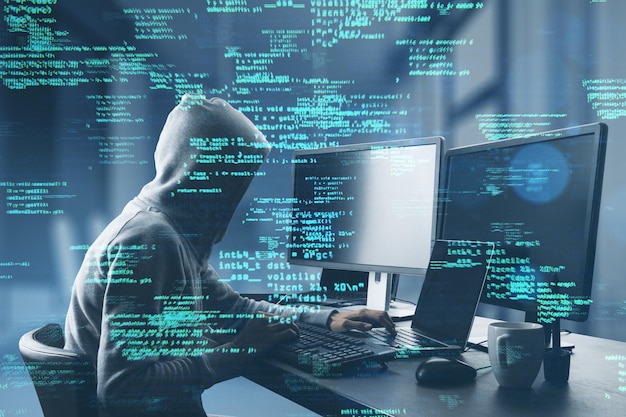 Side view of hacker at desk using computers with creative coding html language on blurry office interior background Web developer hacking malware and programming concept Double exposure