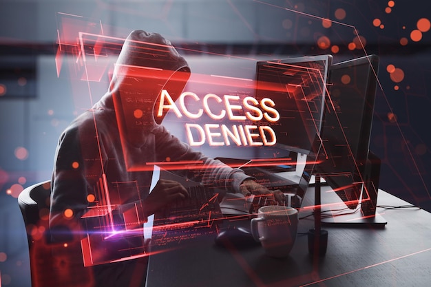 Side view of hacker using computers at desktop with abstract red denied access hologram on blurry office interior background Connection and crime concept Double exposure