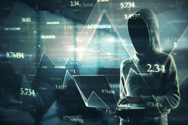 Side view of hacker using laptop with abstract big data interface on blurry background Software and hacking concept Double exposure