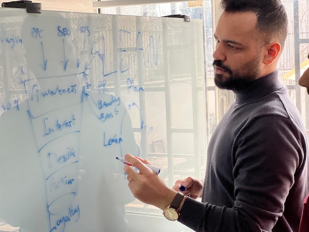 Side view of man working at office