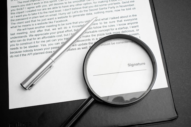 Signaure line in contract with pen and magnifying glass