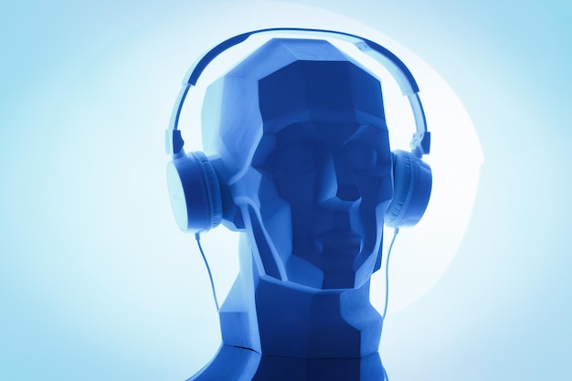 silhouette of a cyber digital head in a headphones as a dj . cyber digital audiophilia sound and music concept