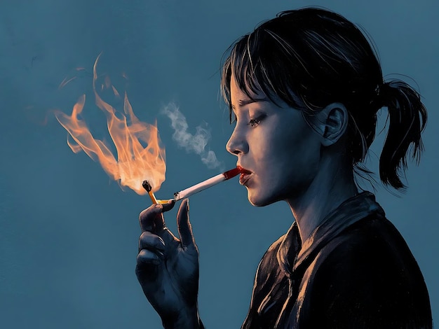 silhouette of a young woman lighting a cigarette from a burning match digital illustration
