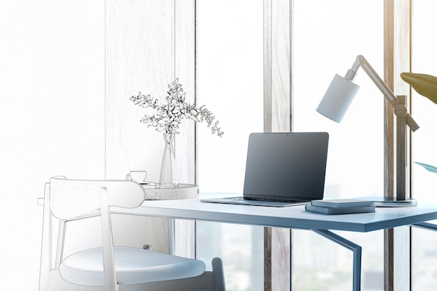 Sketch of modern designer desktop with mock up laptop various objects and window with city view in the background 3D Rendering