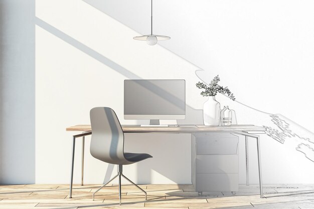 Sketch of modern home office interior with computer furniture and other items Concrete wall with shadows and wooden flooring 3D Rendering