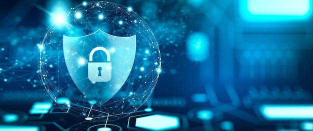 Skjold med hængelås-ikon på kredsløbskort og netværkstrådramme med binær kode over blå baggrund abstrakt. Cyberangreb blok, Cyberdata og Informations privatlivskoncept. 3D-gengivelse.