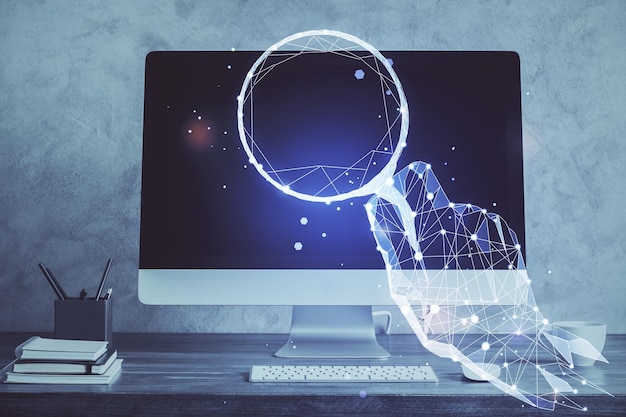 Skrivbordsdatorbakgrund på kontor och tema för start-up hologramritning Dubbelexponering Startup-koncept