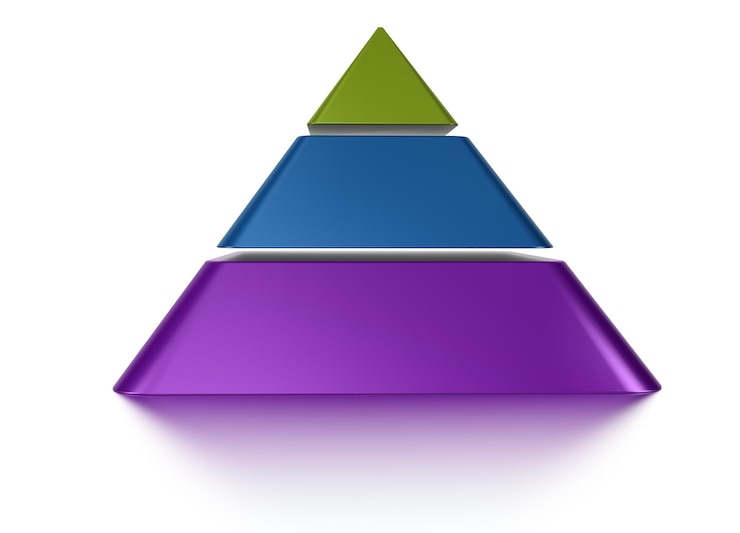 Foto sliced pyrapid chart with three colors over a white background with reflection