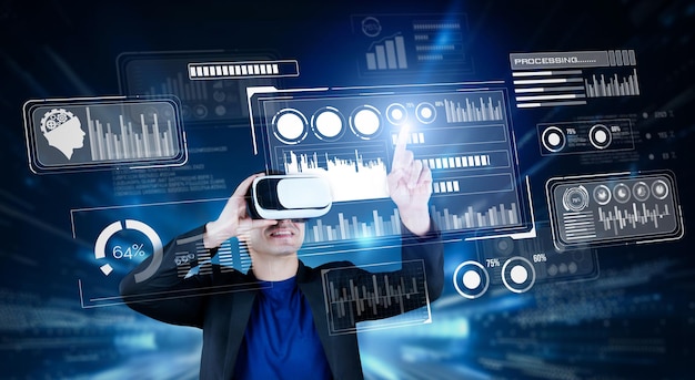 Smart business man with goggles working while using AI technology Ingenuity