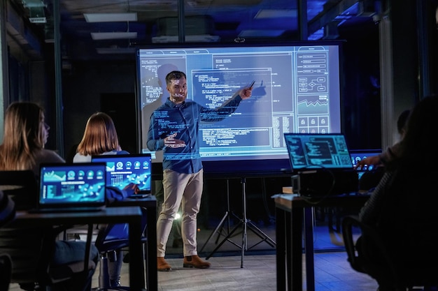 smart coach male business trainer is against projector with data teaching people