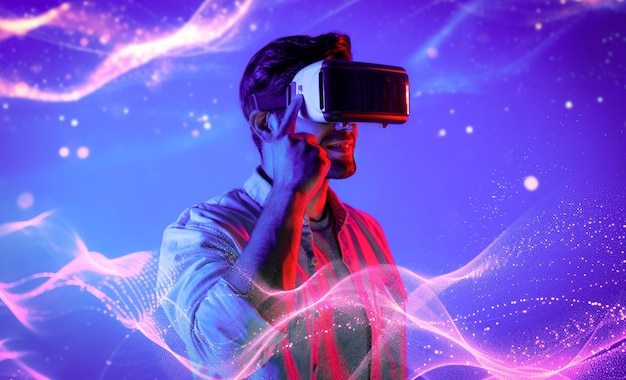 Smart kaukasisk mand, der bærer VR-briller, mens han står ved neonlys afvigelse