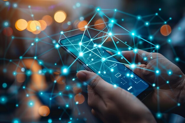 Smartphone on hand with Network dots technology created with Generative AI
