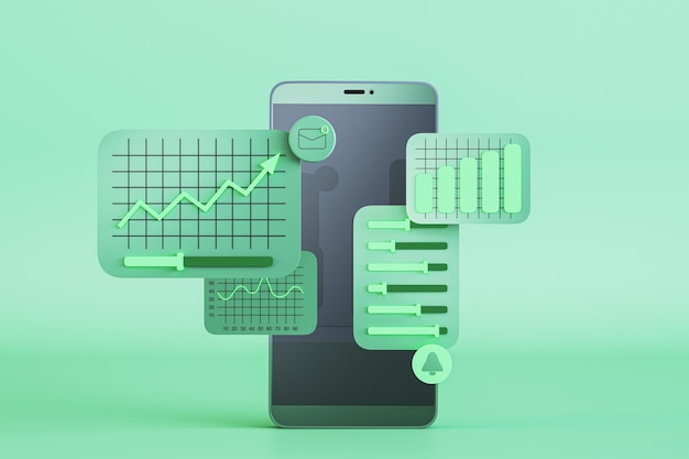 Smartphone with business charts on green background Data software and web development concept 3D Rendering