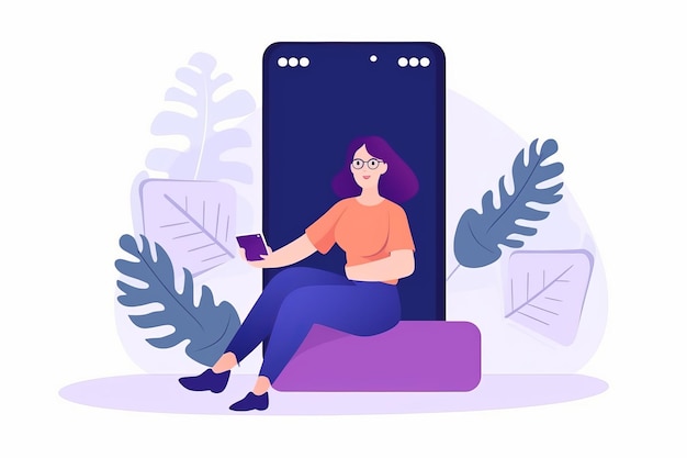 Smiling woman on giant cellphone with mockup screen Female client holding smartphone with blank display Advertising