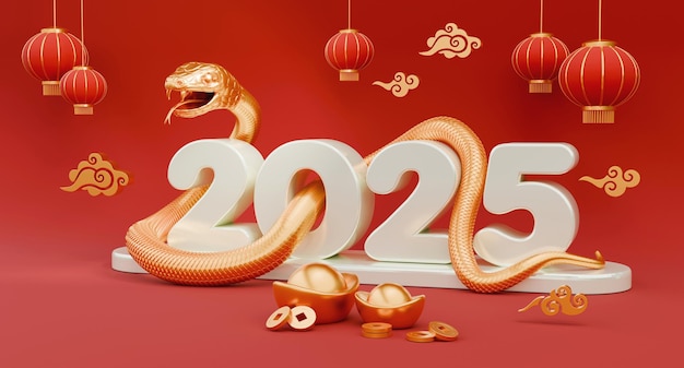 Snake is a symbol of the 2025 Chinese New Year 3d render illustration of Snake writhing around 2025