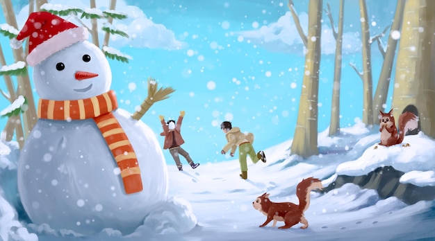 snowman illustration hand drawn digital art, digital painting