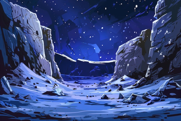 Snowy mountain peaks tower over a frozen valley at night