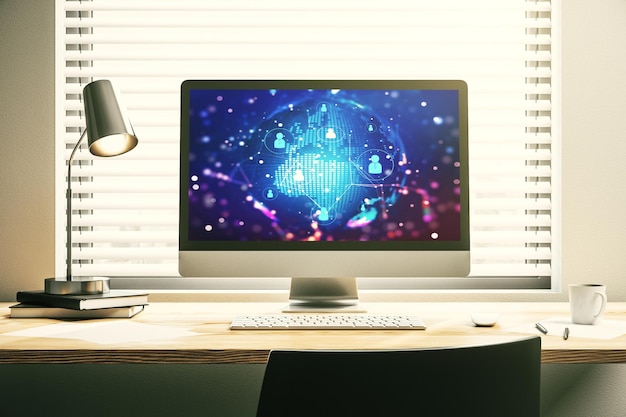 Social network media concept with world map on modern computer monitor 3D Rendering