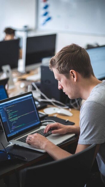 software developer coding on laptop