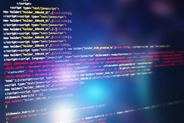 Software developer programming code. Abstract computer script code. Selective focus