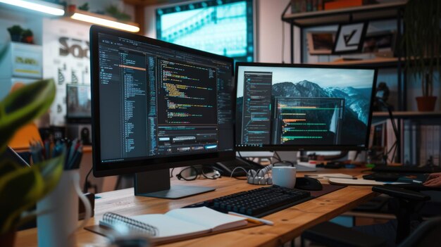 software developer working on code in dual monitor setup aig