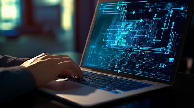Software development concept Coding programmer software engineer working on laptop with javascript computer code on virtual scree Generative AI