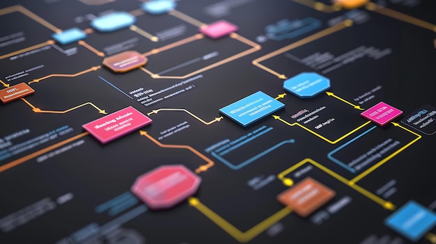 Software development flowchart diagram showing branching merging pull request commit Generative AI