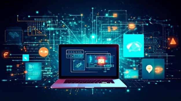 Software development or programming is an abstract idea a top view of a laptop's screen showing business icons programming languages or coding fragments The Generative AI