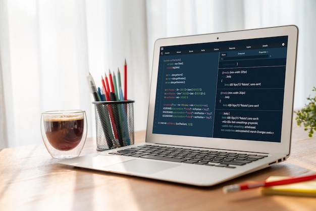 Software development programming on computer screen for modish application and program coding