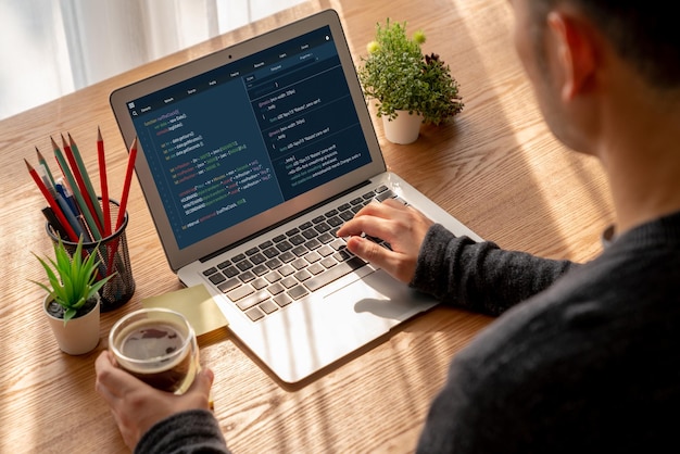 Software development programming on computer screen for modish application and program coding