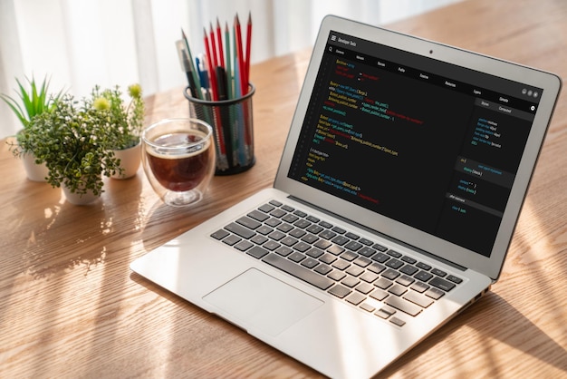 Software development programming on computer screen for modish application and program coding
