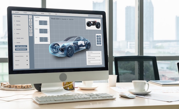 Software til design af elbil på computerskærm viser simulationsblueprint tæt