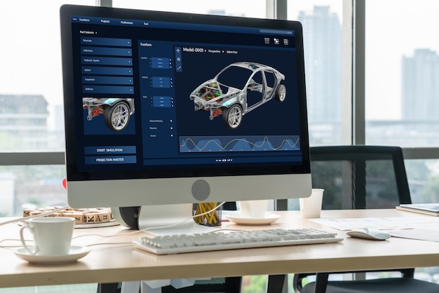 Software til design af elbil på computerskærm viser simulationsblueprint tæt