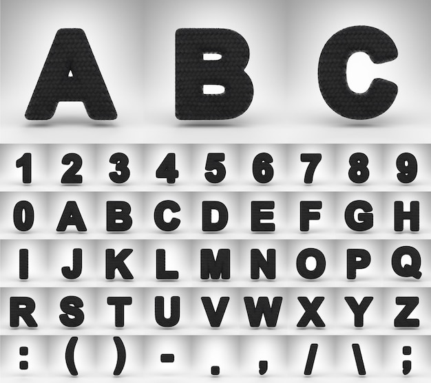Sort kulfiber-alfabet med store bogstaver på hvid baggrund. 3D-gengivne bogstaver, tal og fontsymboler med kulfibertrådtekstur.