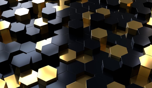 Sorte og gyldne hexagoner 3d render illustration