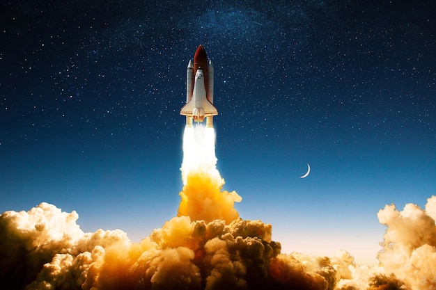 space rocket shuttle with blast and puff of smoke lift up to the dark starry space sky spaceship launch start up creative idea take off
