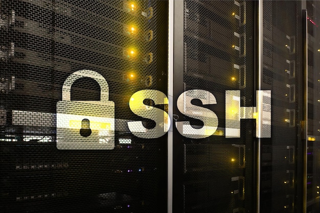 SSH Secure Shell-nätverk internetanslutning Serverrum i bakgrunden
