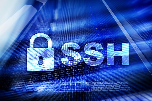 SSH Secure shell network internet connection Server room on background