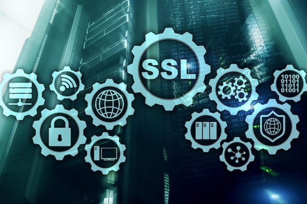 SSL Secure Sockets Layer concept Cryptographic protocols provide secured communications Server room background
