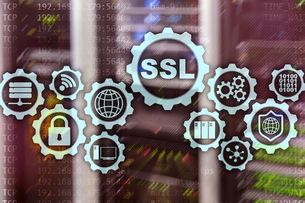 SSL Secure Sockets Layer concept Cryptographic protocols provide secured communications Server room background