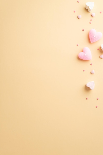 St Valentine's Day concept Top view vertical photo of heart shaped candles marshmallow and sprinkles on isolated light beige background with copyspace