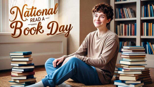 Stack of books in library with bookshelf in background Read a book day