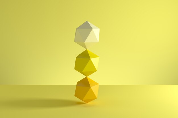 Stack of GeoSphere in yellow monotone isolated on yellow background. Minimal concept idea. 3D Render.