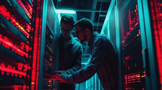 standing by server cabinet while working with supercomputer in data center