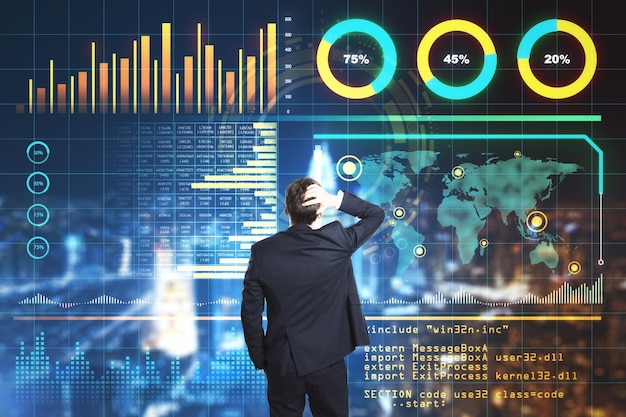 Stats data concept with businessman grabbing his head and looking at virtual screen with data indicators