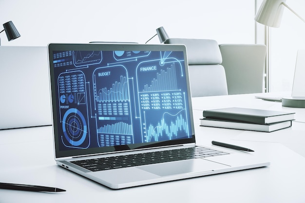 Stats data illustration on modern laptop monitor computing and analytics concept 3D Rendering