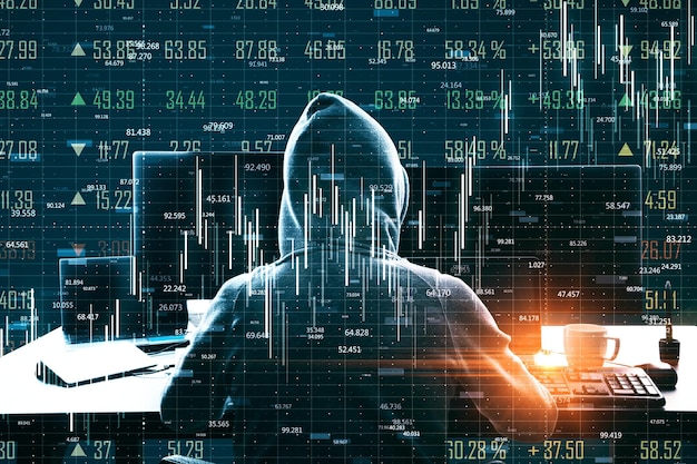 Stock and malware concept Hacker using laptop computer with abstract forex chart hologram on blurry background Double exposure